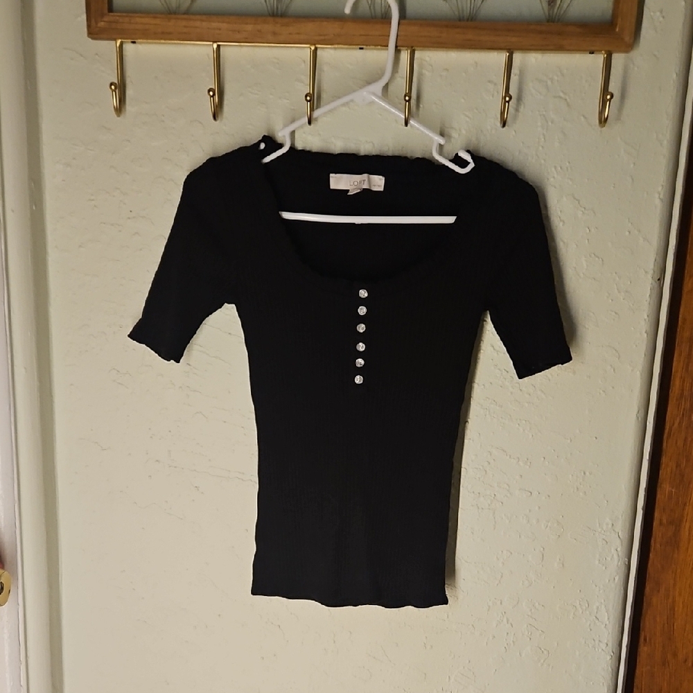 LOFT Black Short Sleeve Buttoned Top